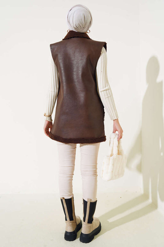 Double Pocket Fur Leather Vest Brown