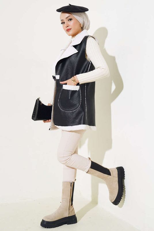 Double Pocket Fur Leather Vest Black White