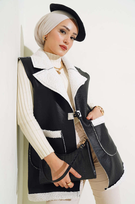 Double Pocket Fur Leather Vest Black White