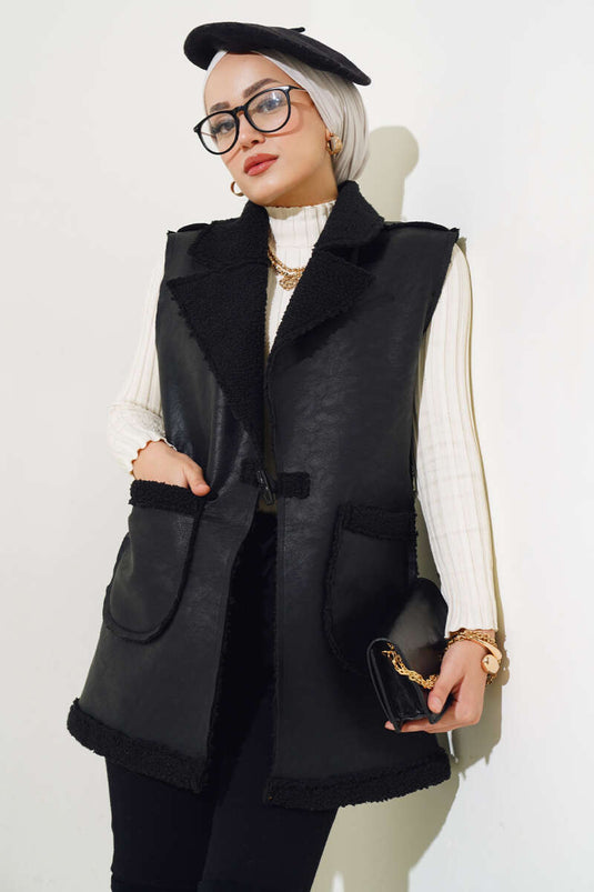 Double Pocket Fur Leather Vest Black