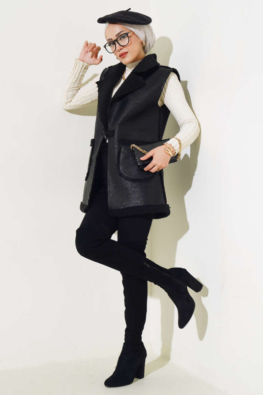 Double Pocket Fur Leather Vest Black