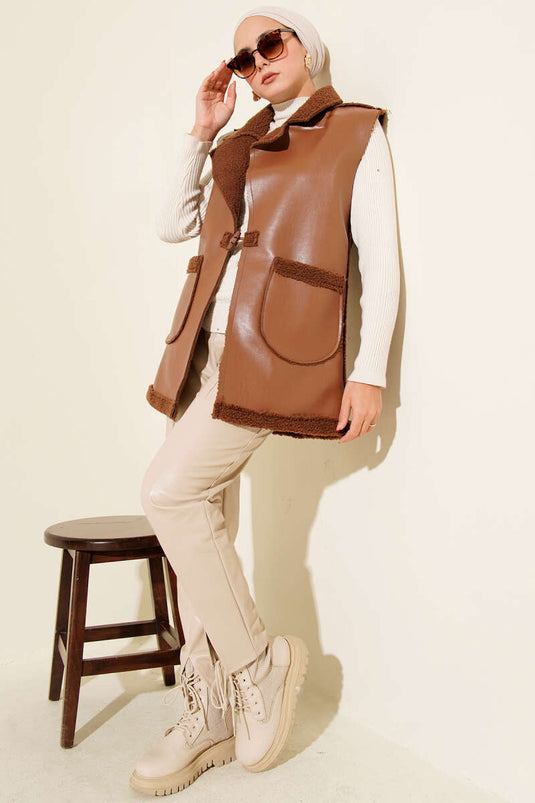 Çift Cepli Kürklü Deri Yelek Taba