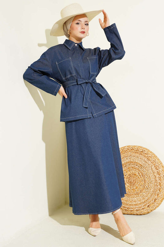 Double Pocket Belted Skirt Denim Two-Piece Set Indigo