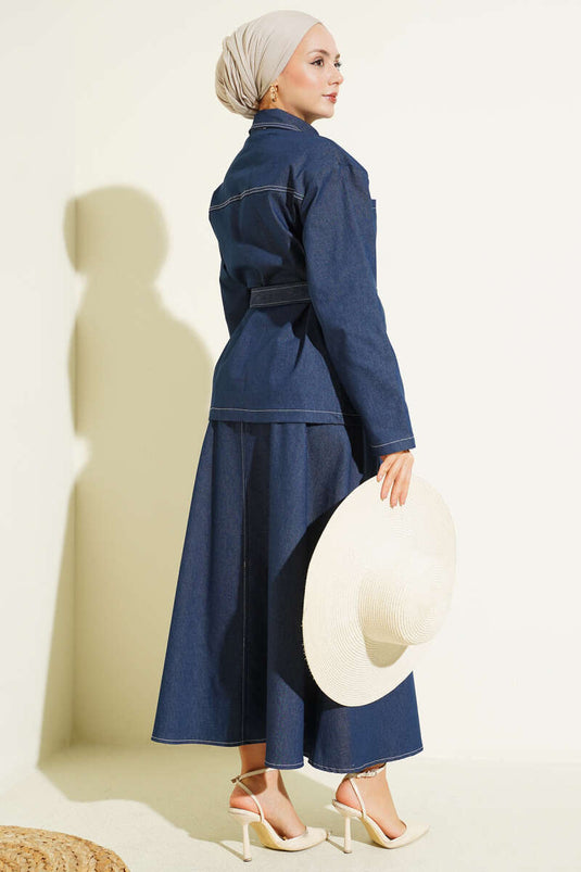 Double Pocket Belted Skirt Denim Two-Piece Set Indigo