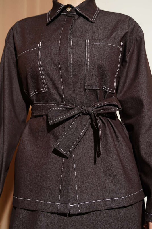 Double Pocket Belted Skirt Denim Two-Piece Set Brown