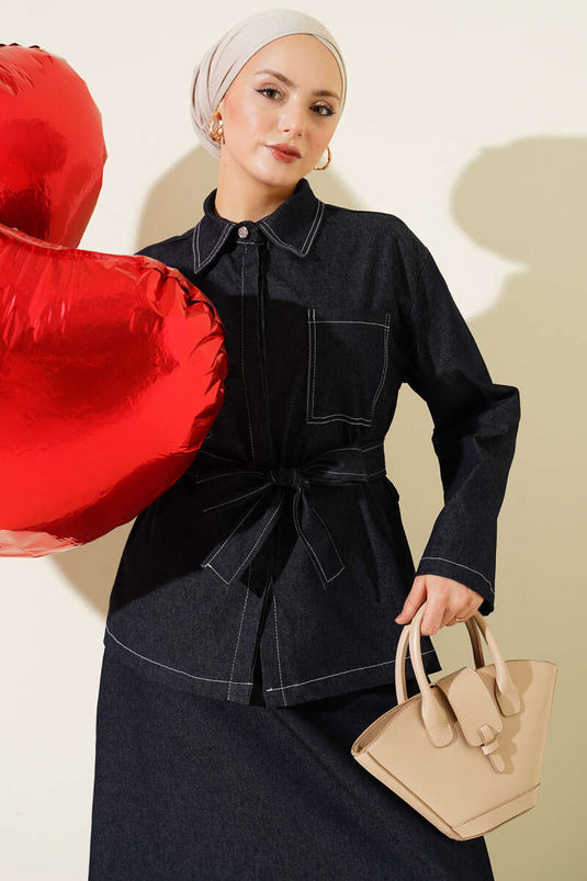 Double Pocket Belted Skirt Denim Two-Piece Set Navy Blue