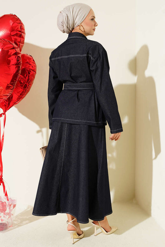 Double Pocket Belted Skirt Denim Two-Piece Set Navy Blue