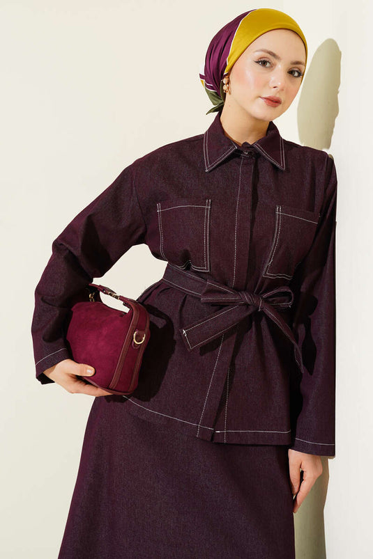 Double Pocket Belted Skirt Denim Two-Piece Set Mulberry