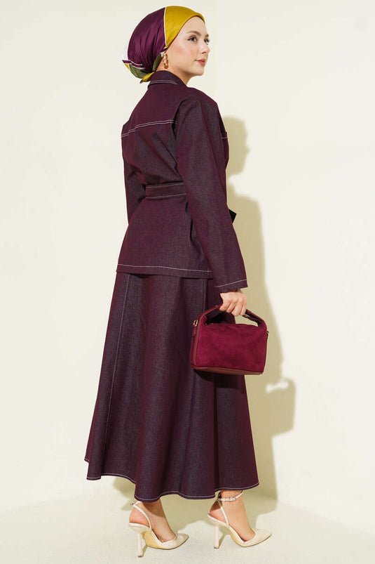 Double Pocket Belted Skirt Denim Two-Piece Set Mulberry