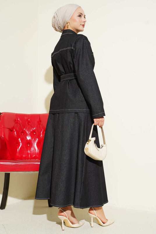 Double Pocket Belted Skirt Denim Two-Piece Set Black