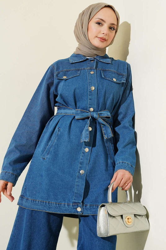 Double Pocket Belted Denim Two-Piece Set Denim Blue
