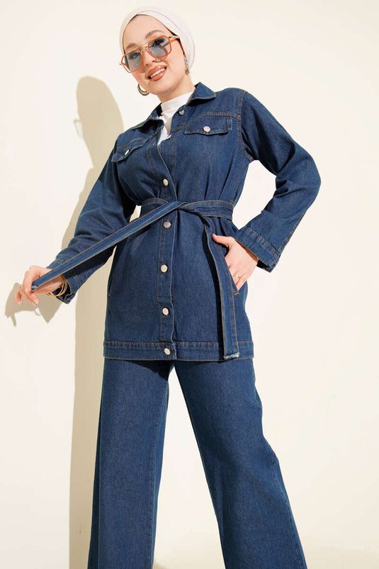 Ensemble Deux Pièces en Jean Bleu avec Ceinture et Poches Doubles