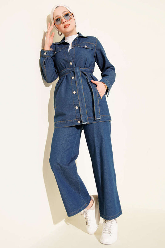 Ensemble Deux Pièces en Jean Bleu avec Ceinture et Poches Doubles