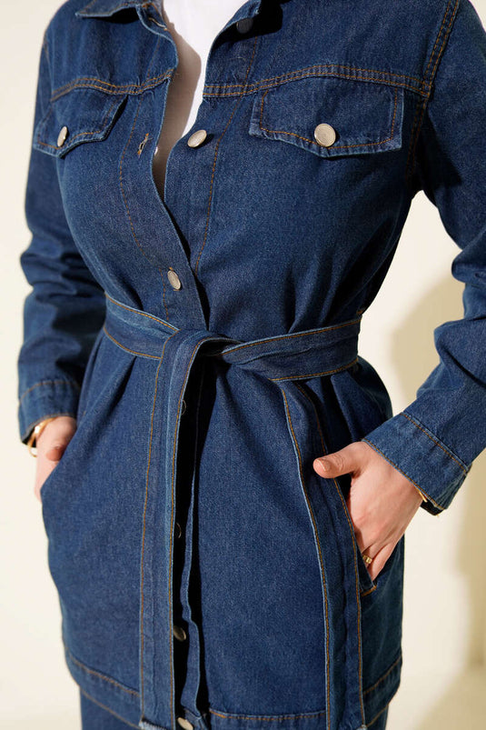 Ensemble Deux Pièces en Jean Bleu avec Ceinture et Poches Doubles