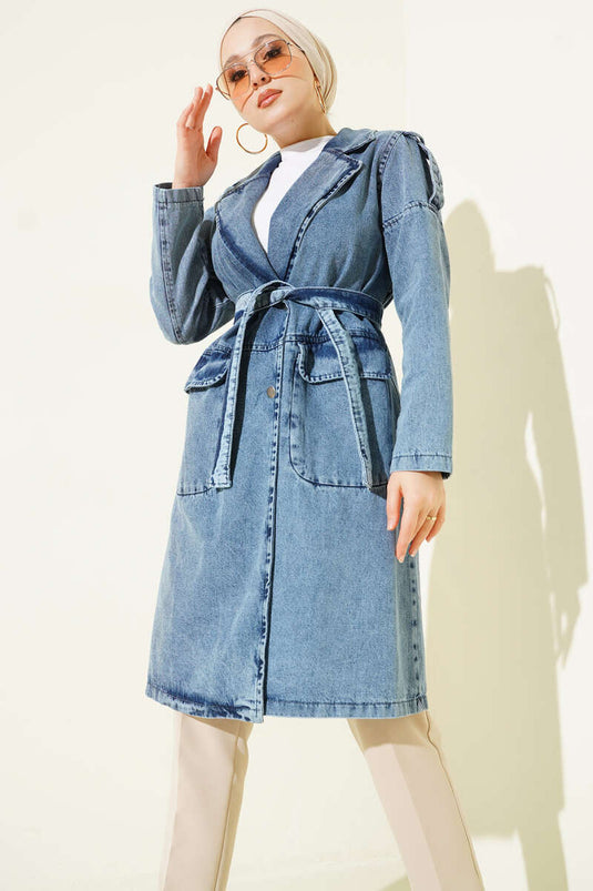 Double Pocket Belted Denim Trench Coat, Light Blue
