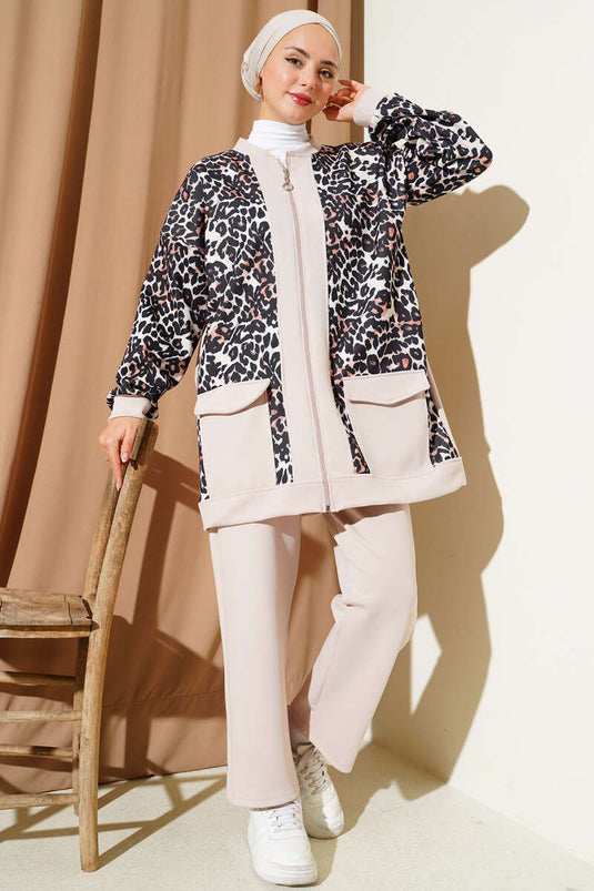 Çift Cepli Leopar Garnili İkili Takım Bej
