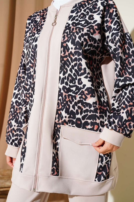 Çift Cepli Leopar Garnili İkili Takım Bej