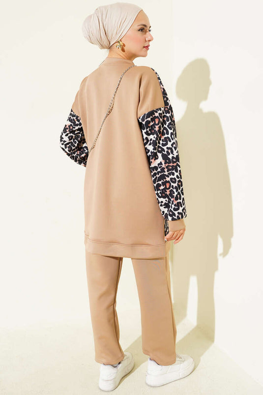 Leopard Garnished Double Pocket Two Piece Suit Latte