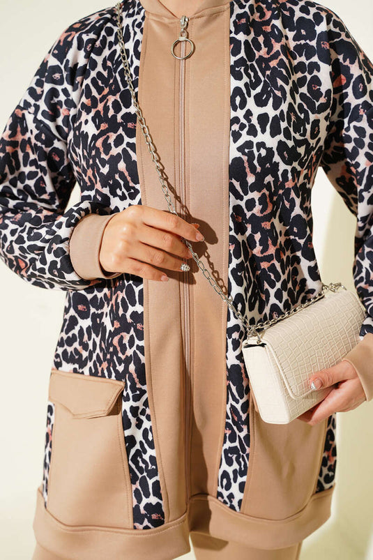 Leopard Garnished Double Pocket Two Piece Suit Latte