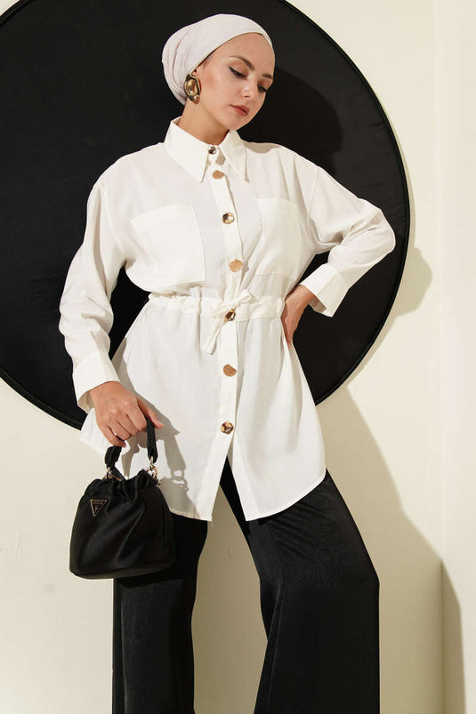 Chemise à double poche et boutons métalliques écrue