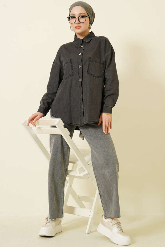 Chemise anthracite à double poche avec boutons métalliques