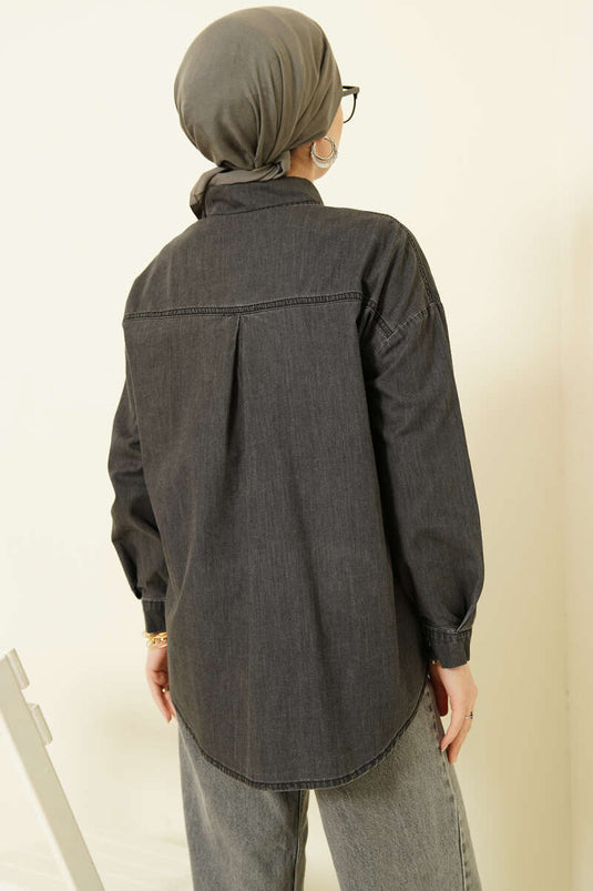 Chemise anthracite à double poche avec boutons métalliques