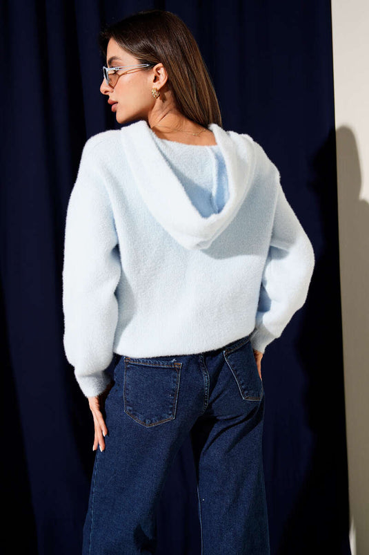 Çift Cepli Metal Düğmeli Kapüşonlu Hırka Bebe Mavi