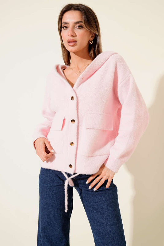 Çift Cepli Metal Düğmeli Kapüşonlu Hırka Pembe