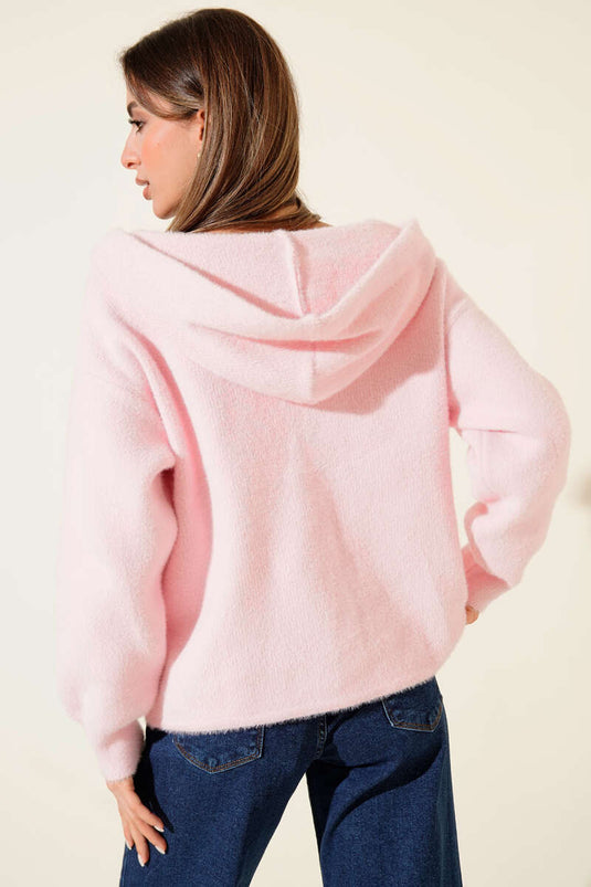 Çift Cepli Metal Düğmeli Kapüşonlu Hırka Pembe