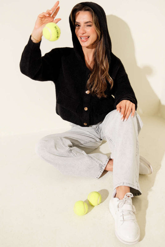 Çift Cepli Metal Düğmeli Kapüşonlu Hırka Siyah