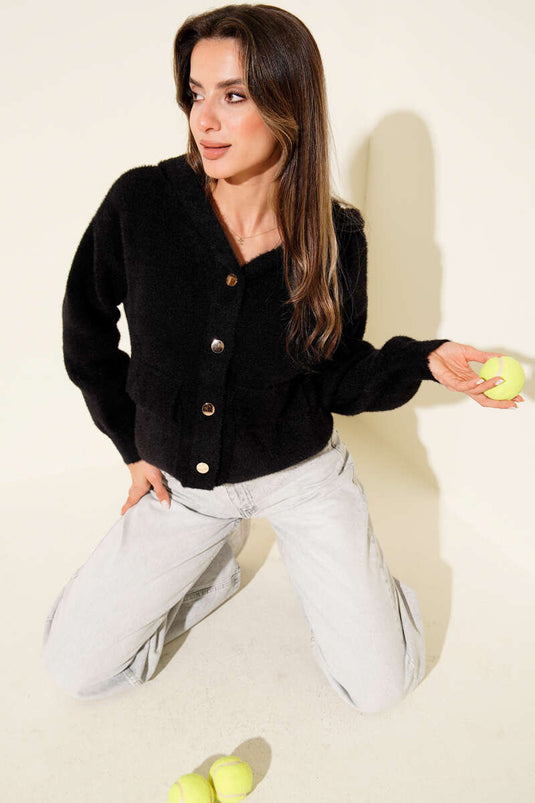 Çift Cepli Metal Düğmeli Kapüşonlu Hırka Siyah