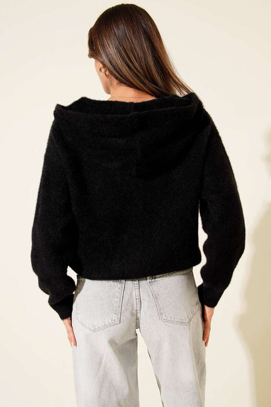 Çift Cepli Metal Düğmeli Kapüşonlu Hırka Siyah