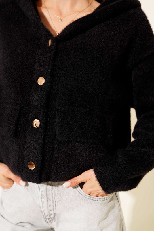 Çift Cepli Metal Düğmeli Kapüşonlu Hırka Siyah