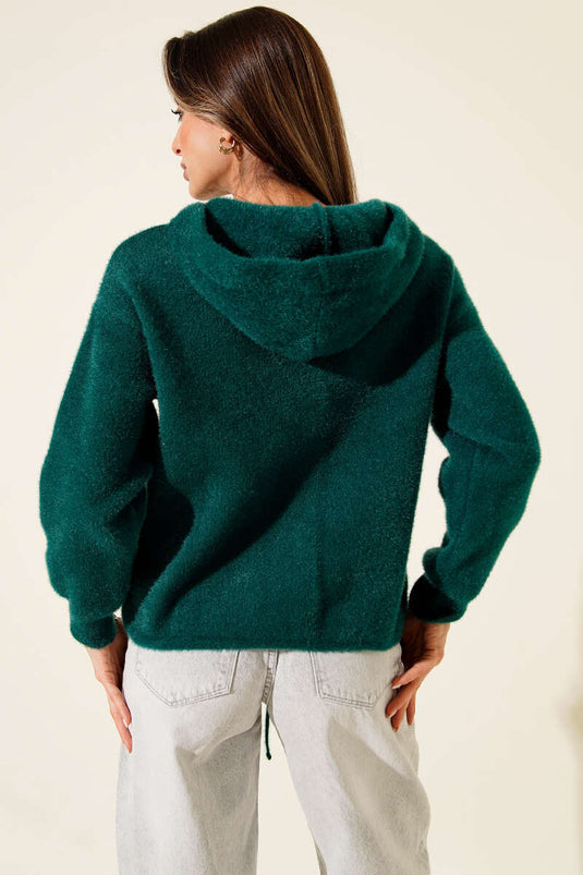 Çift Cepli Metal Düğmeli Kapüşonlu Hırka Zümrüt