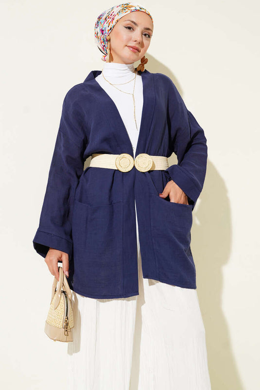 Double Pocket Muslin Cardigan Navy Blue