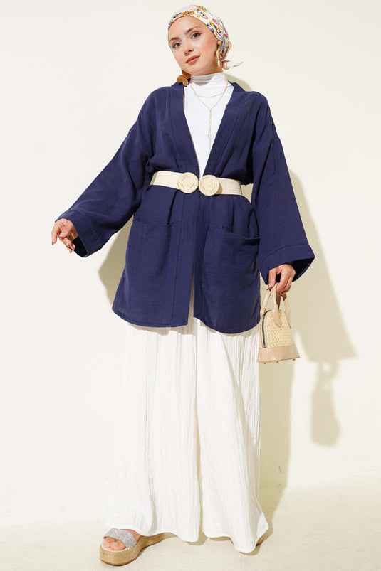 Double Pocket Muslin Cardigan Navy Blue