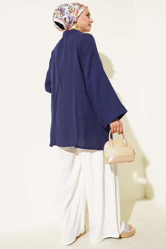 Double Pocket Muslin Cardigan Navy Blue