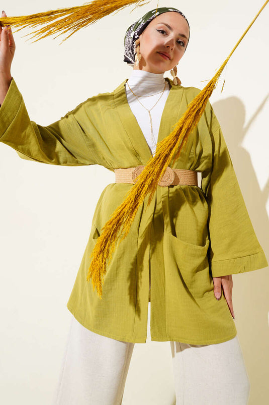 Double Pocket Muslin Cardigan Oil Green