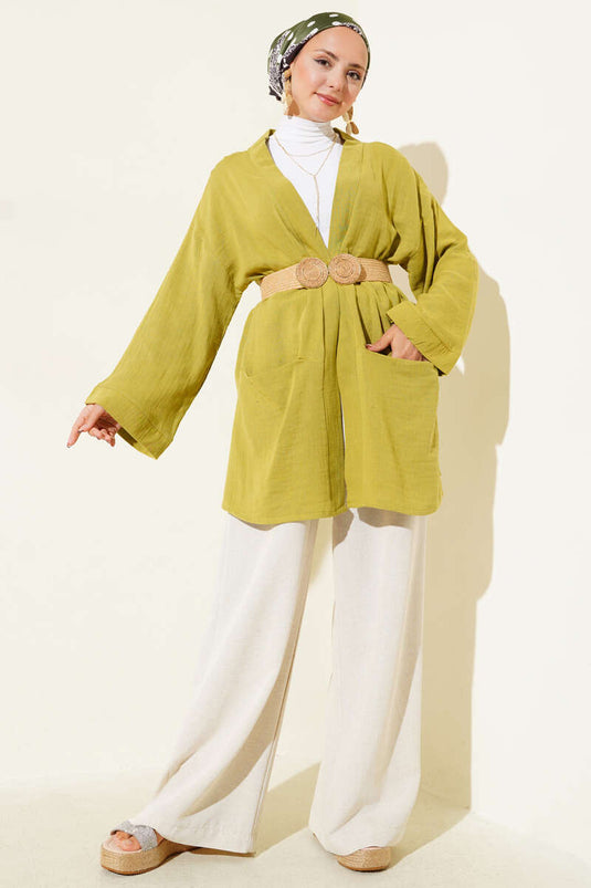 Double Pocket Muslin Cardigan Oil Green