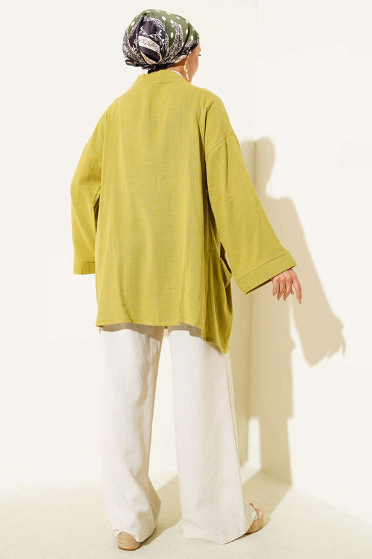 Double Pocket Muslin Cardigan Oil Green