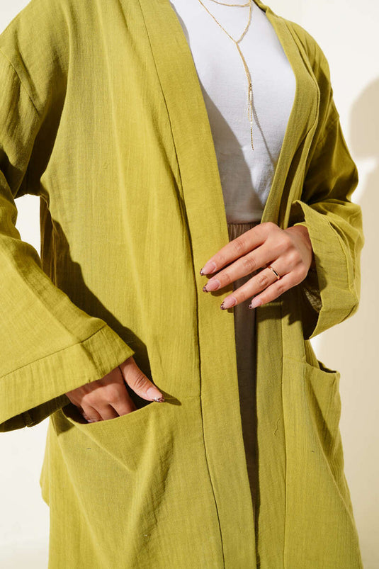 Double Pocket Muslin Cardigan Oil Green