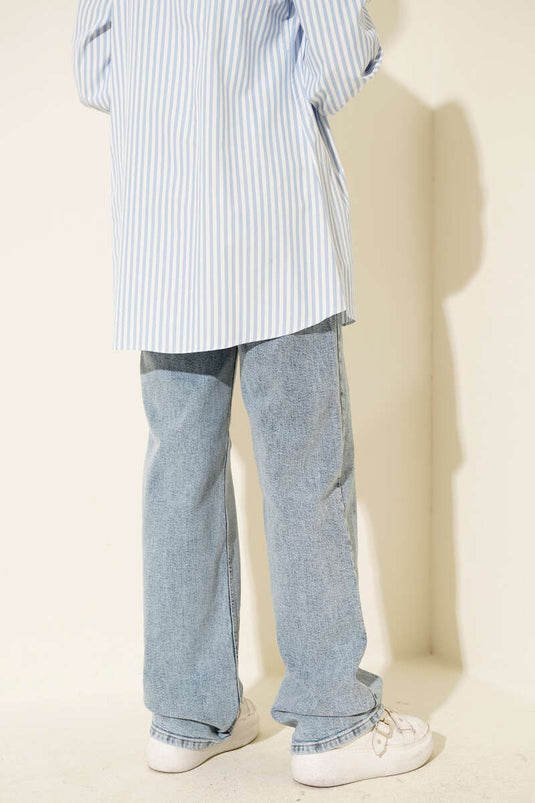 بنطلون جينز Palazzo ذو جيوب مزدوجة بلون ثلجي فاتح