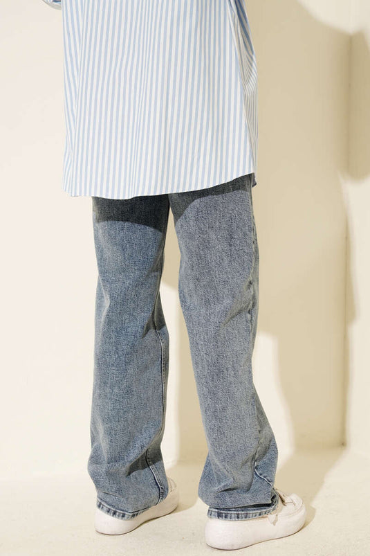 بنطلون جينز بلازو ذو جيوب مزدوجة بلون ثلجي داكن