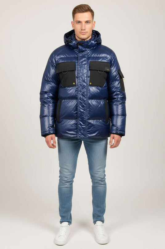 Çift Cepli Parlak Şişme Erkek Mont Lacivert