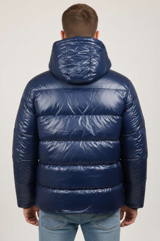 Çift Cepli Parlak Şişme Erkek Mont Lacivert