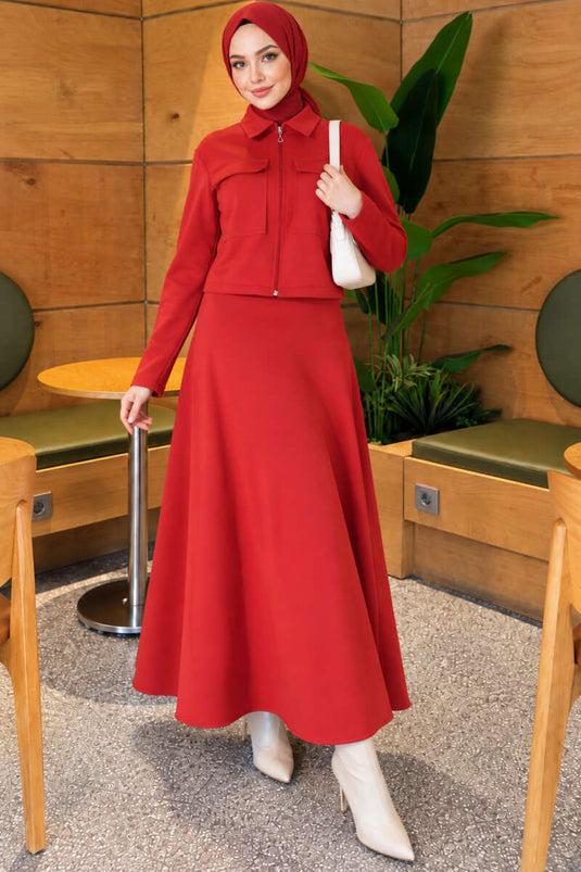 Red Double Pocket Scuba Skirt Set