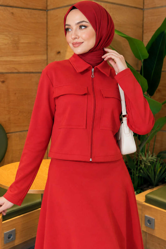 Red Double Pocket Scuba Skirt Set