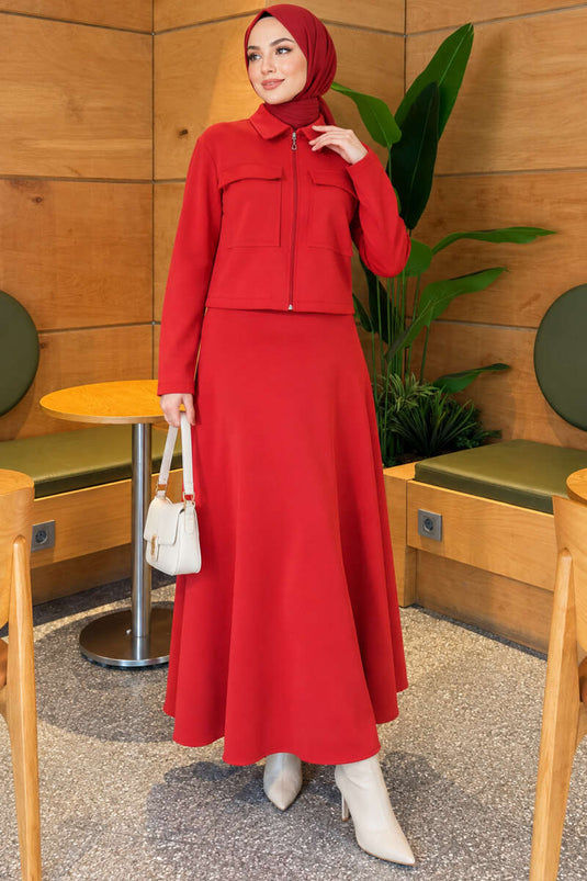 Red Double Pocket Scuba Skirt Set