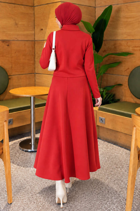 Red Double Pocket Scuba Skirt Set