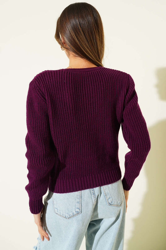 Double Pocket Short Cardigan with Rib Knit Pattern, Burgundy